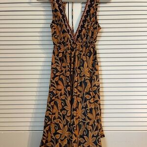 Floral V-Neck Dress - Black and Orange Summer dress Small- medium Size